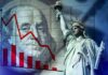 Declining graph, Benjamin Franklin, and Statue of Liberty background.