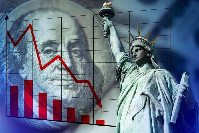 1714660897 featured image Declining graph, Benjamin Franklin, and Statue of Liberty background.