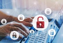 Hands typing with digital padlocks overlayed