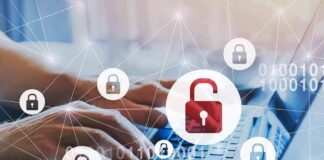 Hands typing with digital padlocks overlayed