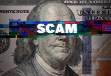 Glitch effect with word scam on dollar bill