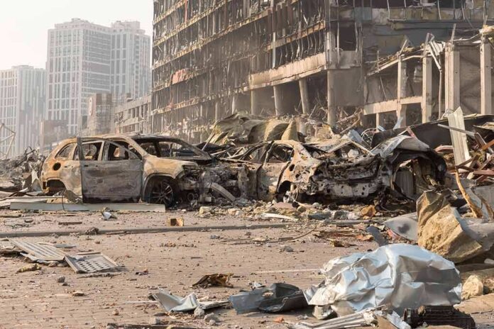 2143842119 featured image Rubble and wrecked cars in an urban area