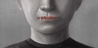 Face with mouth sewn shut in red thread