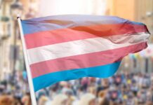 Transgender pride flag waving at outdoor event