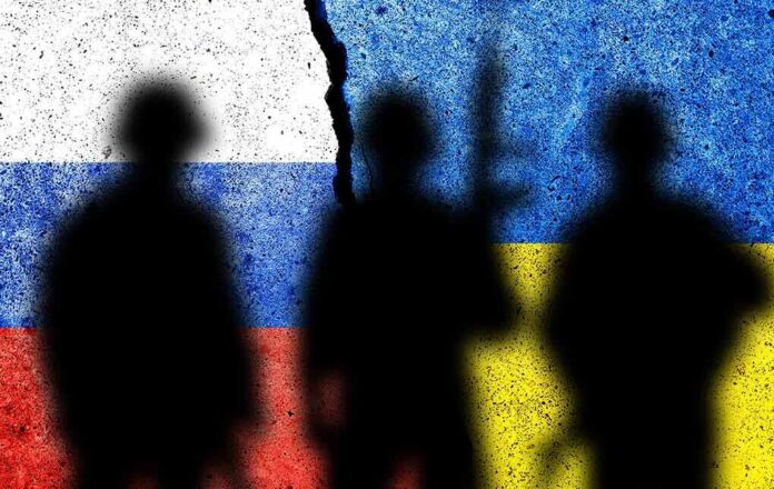 Silhouetted soldiers with Russian and Ukrainian flag backgrounds