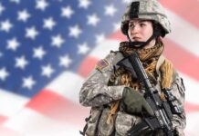 Soldier in uniform with USA flag background