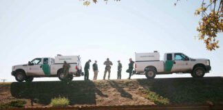 Border Patrol vehicles and agents on a ridge