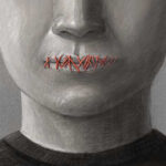 Face with mouth sewn shut in red thread