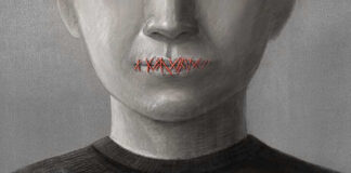 Face with mouth sewn shut in red thread