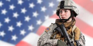 Soldier in uniform with USA flag background