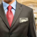Man in a suit with a red tie and money peeking from his pocket