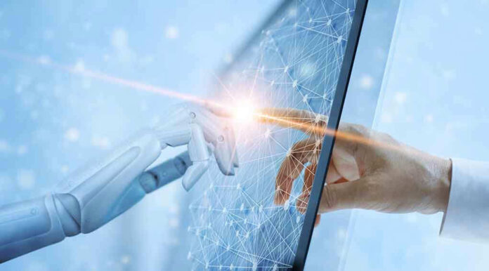 Robotic and human hands touching through a screen