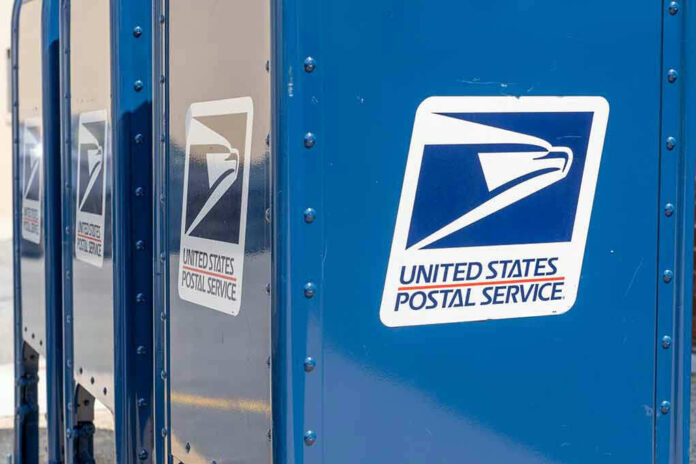 1798124164 Blue USPS mail collection boxes in a row