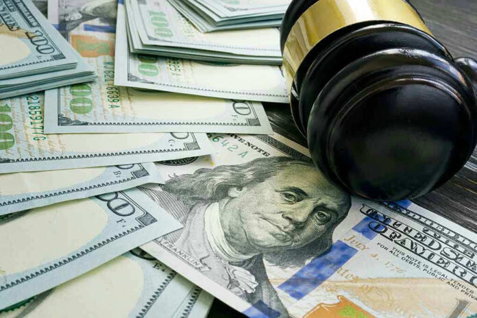 Gavel and hundred dollar bills on table
