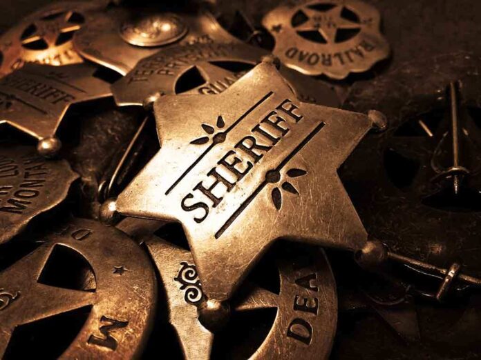 A collection of vintage sheriff badges arranged on a dark surface