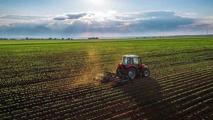 Tractor plowing a vast green field at sunset