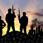 TERROR Architect ELIMINATED – Netanyahu’s Crushing Strike Three armed silhouettes near a smoky city skyline.