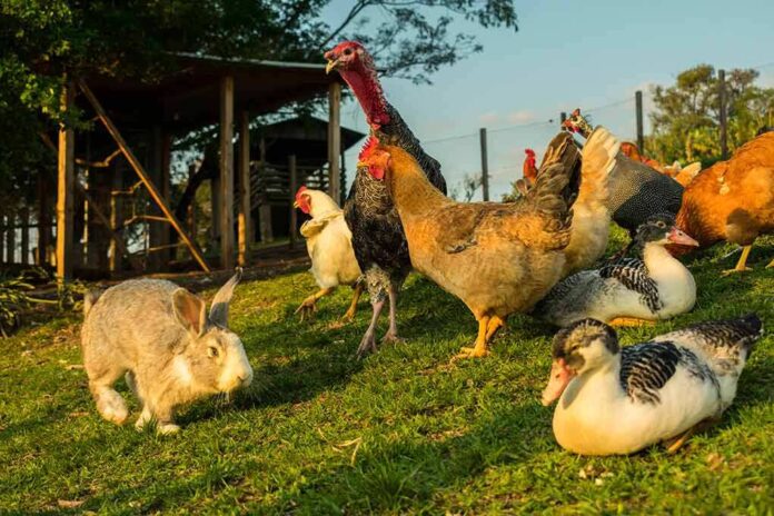 A rabbit and various farm animals including chickens and ducks in a grassy area