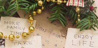 Handwritten New Year resolutions on paper surrounded by holiday decorations