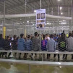 Massive ICE Expansion: Detention Capacity Doubles People sitting on benches inside a fenced facility.