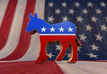 A donkey symbol representing the Democratic Party in front of an American flag background