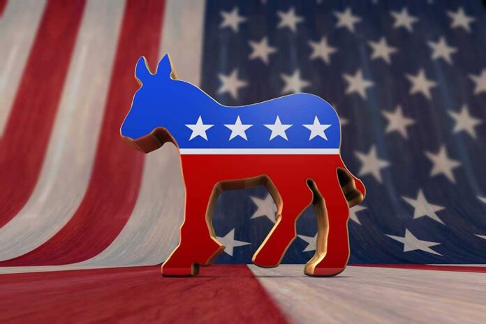 A donkey symbol representing the Democratic Party in front of an American flag background