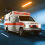 Ambulance driving through a brightly lit tunnel.