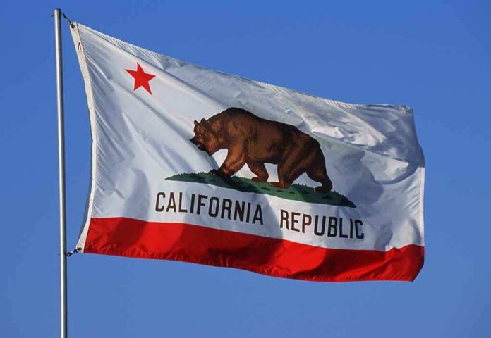shutterstock_102117535.jpg California state flag featuring a bear and a red star against a blue sky