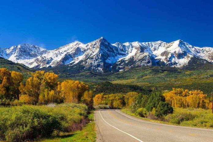shutterstock_164180168.jpg Scenic view of snow-capped mountains with autumn trees and a winding road