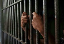 Hands gripping jail cell bars.