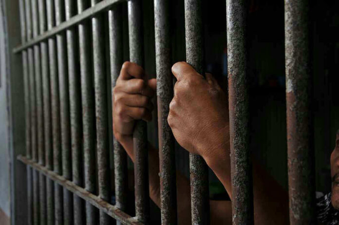 Hands gripping jail cell bars.