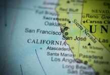 Close-up of California map showing major cities.