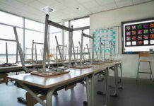 AI in Classrooms: Who’s Pulling the Strings? Empty classroom with chairs on top of desks.