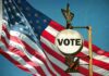 Election Scandal Looms: Los Angeles Mayor Accused! A vintage Vote sign in front of an American flag
