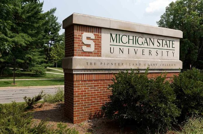 Sign for Michigan State University surrounded by greenery