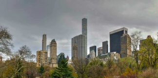 City skyline with park and people relaxing.
