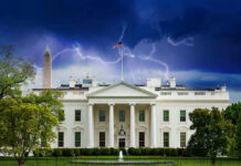 Drone Plot Near White House? White House under stormy sky with lightning bolts.