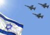 Missiles Fly, Trump Slams Brakes Israeli flag with three fighter jets flying overhead.