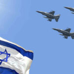 Missiles Fly, Trump Slams Brakes Israeli flag with three fighter jets flying overhead.