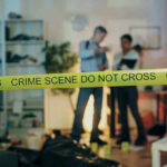 Guilty Bombshell In Gilgo Beach Crime scene with tape and investigators examining evidence.