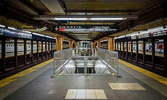 605058719 Subway station platform with directional signs overhead.