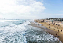 Blue Angels Flyby Sparks Navy Probe Crowded beach with waves and people enjoying sun.