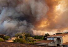 Wildfire smoke billows over suburban houses