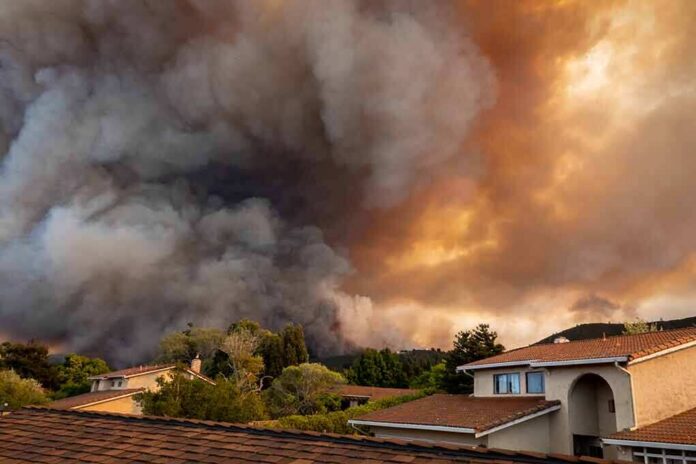 Wildfire smoke billows over suburban houses