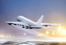 Florida Power Play Upends Airport Maps An airplane taking off from an airport runway against a twilight sky