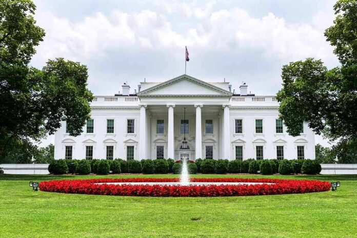 The White House with fountain and red flower bed