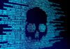 skull silhouette in blue computer code