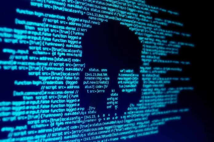 shutterstock_1050436496 skull silhouette in blue computer code