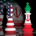 Chess kings with United States and Iran flags facing each other