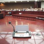 Conference microphone on a podium in a courtroom